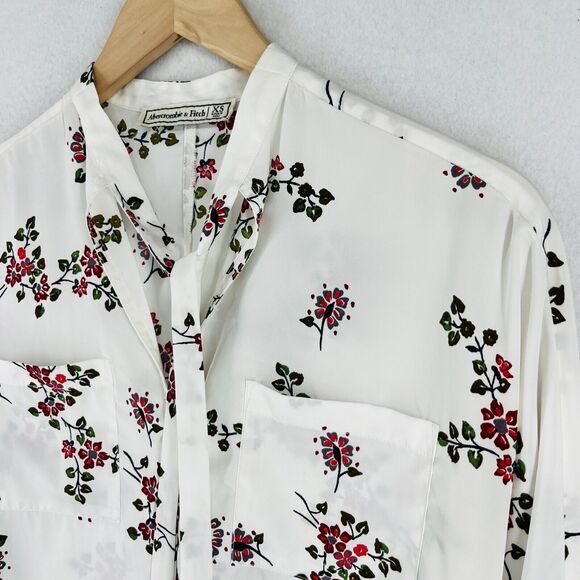 ABERCROMBIE & FITCH Top XS Floral Poplin Tie Neck Blouse Roll Tab Sleeve White - Picture 4 of 16